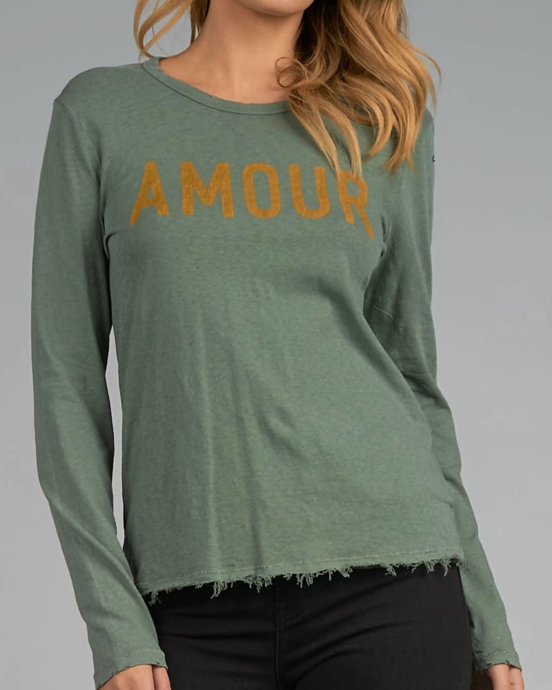 Front of a model wearing a size L Amour Long Sleeve Top in Olive in Olive by ELAN. | dia_product_style_image_id:332523